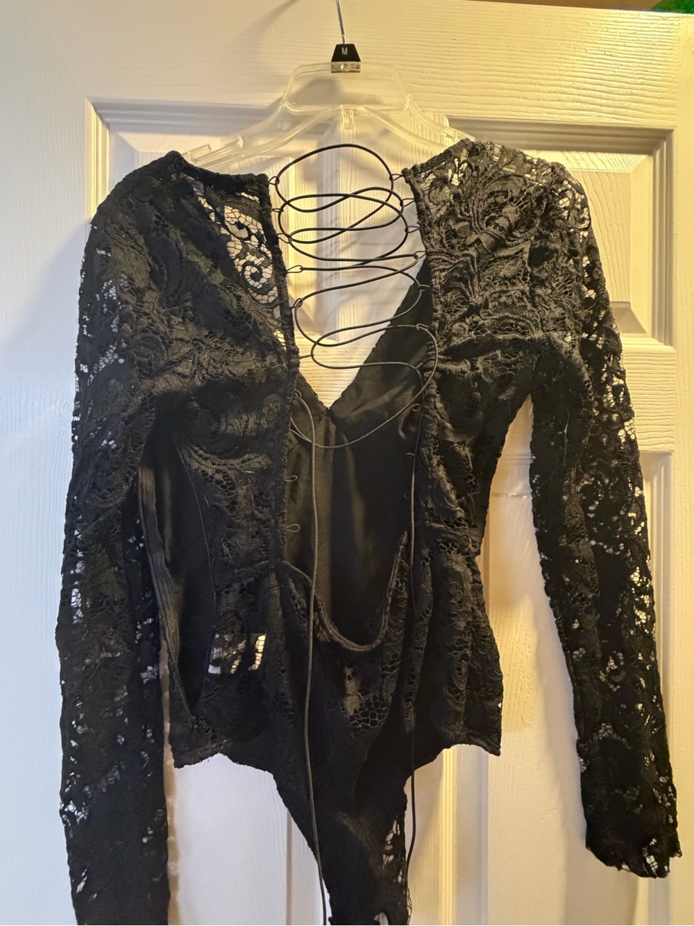 Tobi Black Lace Long-Sleeve Bodysuit with Front Lace-Up